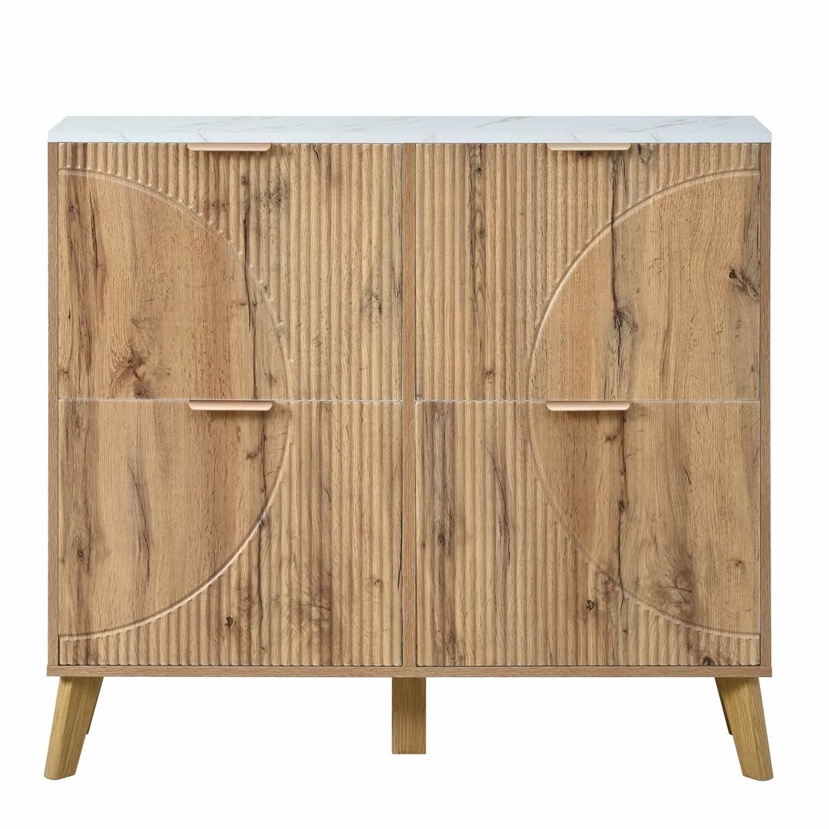 Zapatero con puertas abatibles - gran capacidad, 4 puertas, encimera efecto mármol, paneles 3d, patas de madera maciza - natural