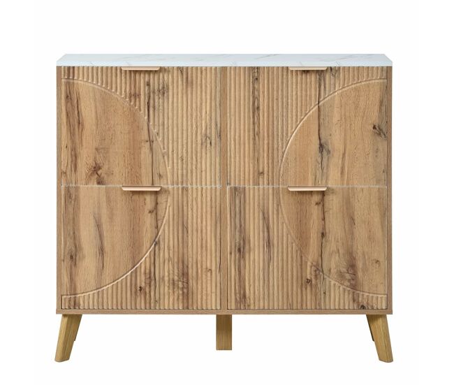 Zapatero con puertas abatibles - gran capacidad, 4 puertas, encimera efecto mármol, paneles 3d, patas de madera maciza - natural
