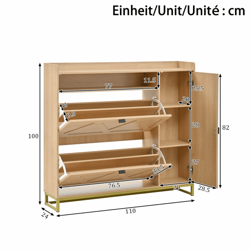 Armário com duas portas rebatíveis e armário lateral - grande capacidade, compartimento superior aberto, portas com relevo geométrico, estrutura metálica - natural Armário com duas portas rebatíveis e armário lateral - grande capacidade, compartimento superior aberto, portas com relevo geométrico, estrutura metálica - natural
