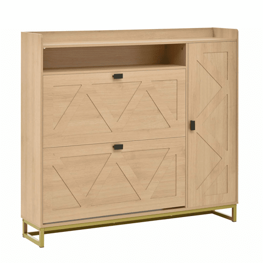 Armário com duas portas rebatíveis e armário lateral - grande capacidade, compartimento superior aberto, portas com relevo geométrico, estrutura metálica - natural Armário com duas portas rebatíveis e armário lateral - grande capacidade, compartimento superior aberto, portas com relevo geométrico, estrutura metálica - natural