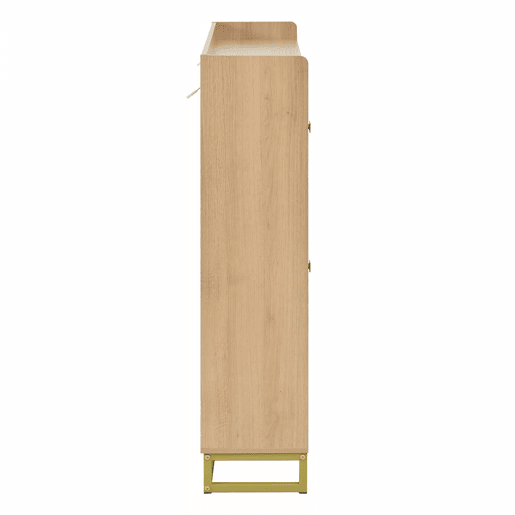 Armário com duas portas rebatíveis e armário lateral - grande capacidade, compartimento superior aberto, portas com relevo geométrico, estrutura metálica - natural Armário com duas portas rebatíveis e armário lateral - grande capacidade, compartimento superior aberto, portas com relevo geométrico, estrutura metálica - natural