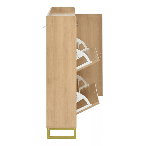 Armário com duas portas rebatíveis e armário lateral - grande capacidade, compartimento superior aberto, portas com relevo geométrico, estrutura metálica - natural Armário com duas portas rebatíveis e armário lateral - grande capacidade, compartimento superior aberto, portas com relevo geométrico, estrutura metálica - natural