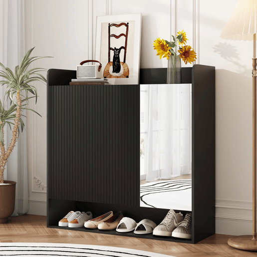 Sapateira com espelho de corpo inteiro - estrutura preta com design vertical, várias prateleiras de grande capacidade para sapatos - Preto