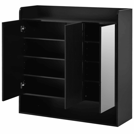 Sapateira com espelho de corpo inteiro - estrutura preta com design vertical, várias prateleiras de grande capacidade para sapatos - Preto