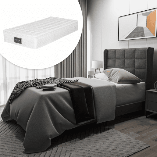 Cama individual 90x200cm - Cabeceira acolchoada, com estrado de ripas, firmeza média - Cinza linho