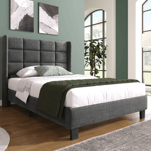 Cama individual 90x200cm - Cabeceira acolchoada, com estrado de ripas, firmeza média - Cinza linho