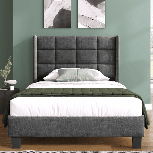 Cama individual 90x200cm - Cabeceira acolchoada, com estrado de ripas, firmeza média - Cinza linho