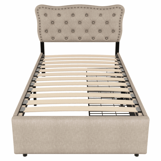 Cama estofada em linho com 2 gavetas - 90x200 cm - cabeceira decorada com rebites - Taupe