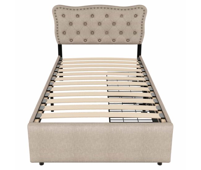 Cama tapizada en tela de lino con 2 cajones - 90x200 cm - cabecero decorado con remaches - taupe