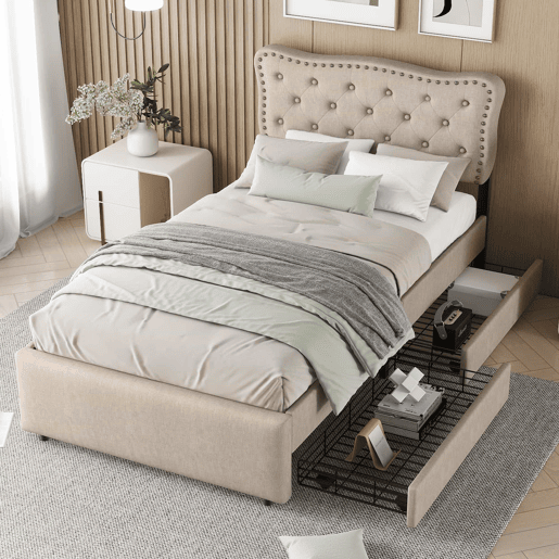Cama estofada em linho com 2 gavetas - 90x200 cm - cabeceira decorada com rebites - Taupe