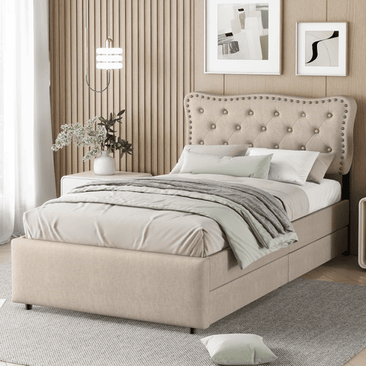 Cama estofada em linho com 2 gavetas - 90x200 cm - cabeceira decorada com rebites - Taupe