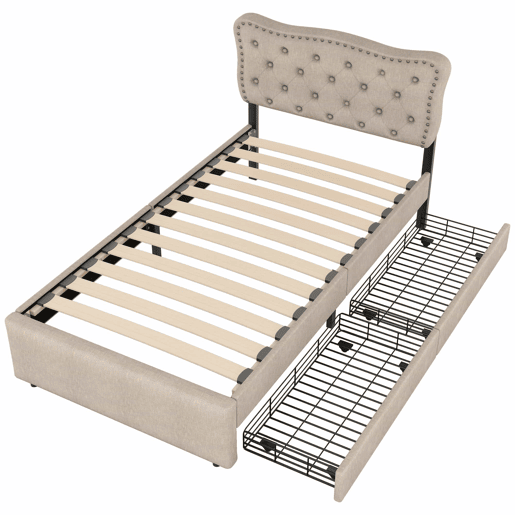 Cama estofada em linho com 2 gavetas - 90x200 cm - cabeceira decorada com rebites - Taupe