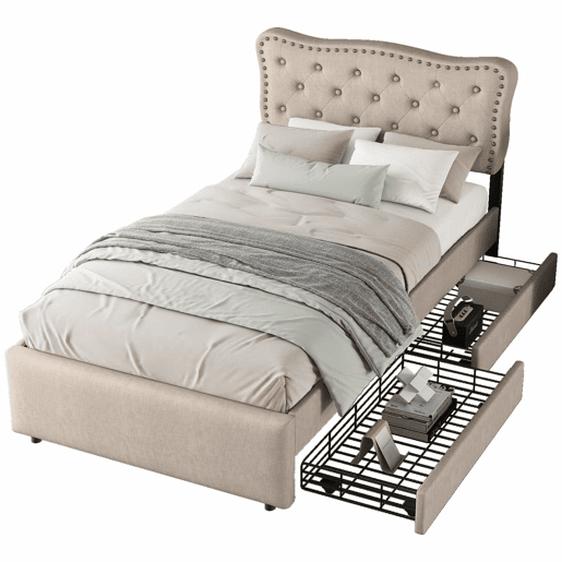 Cama estofada em linho com 2 gavetas - 90x200 cm - cabeceira decorada com rebites - Taupe