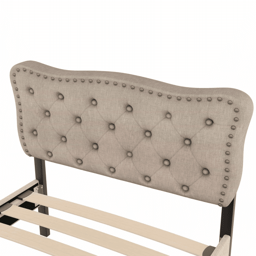 Cama estofada em linho com 2 gavetas - 90x200 cm - cabeceira decorada com rebites - Taupe