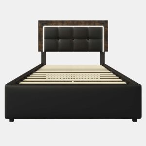 Iluminação rembourré com LED e 4 gavetas - 90x200 cm - cabeceira regulável em altura - em pele sintética preta