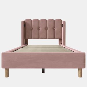 Cama estofada em veludo 90x200cm - com portas de carga e estrado de molas - Rosa