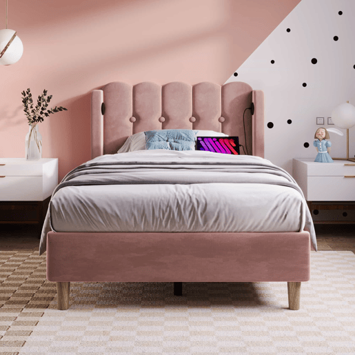 Cama estofada em veludo 90x200cm - com portas de carga e estrado de molas - Rosa