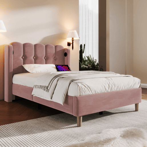Cama estofada em veludo 90x200cm - com portas de carga e estrado de molas - Rosa