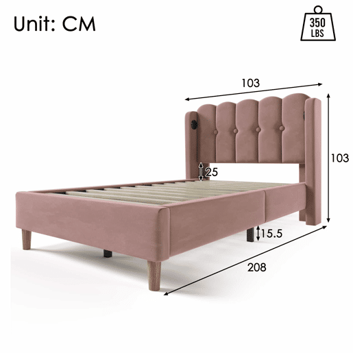 Cama estofada em veludo 90x200cm - com portas de carga e estrado de molas - Rosa