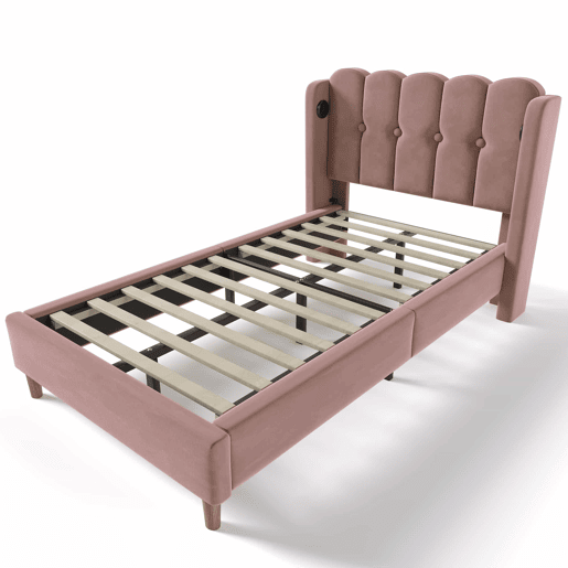 Cama estofada em veludo 90x200cm - com portas de carga e estrado de molas - Rosa