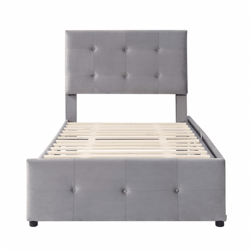 Cama estofada em veludo 90x200cm - cama individual com 2 gavetas e estrado de molas - Cinzento