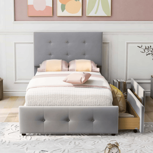 Cama estofada em veludo 90x200cm - cama individual com 2 gavetas e estrado de molas - Cinzento