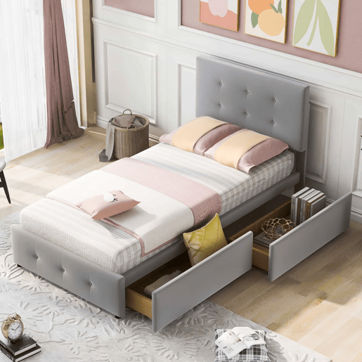 Cama estofada em veludo 90x200cm - cama individual com 2 gavetas e estrado de molas - Cinzento