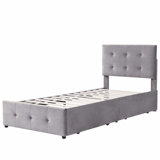 Cama estofada em veludo 90x200cm - cama individual com 2 gavetas e estrado de molas - Cinzento