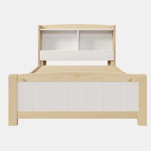 Cama individual 90x200 cm - Cabeceira, com arrumação, com estrado, cama em madeira maciça, para crianças e jovens, pinho natural e branco (com colchão)