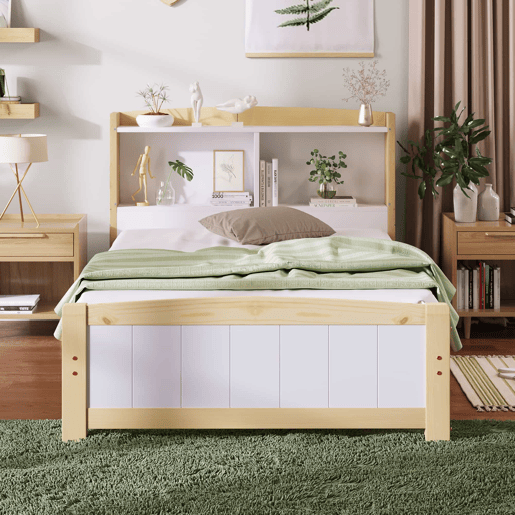 Cama individual 90x200 cm - Cabeceira, com arrumação, com estrado, cama em madeira maciça, para crianças e jovens, pinho natural e branco (com colchão)