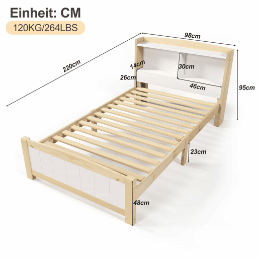 Cama individual 90x200 cm - Cabeceira, com arrumação, com estrado, cama em madeira maciça, para crianças e jovens, pinho natural e branco (com colchão)
