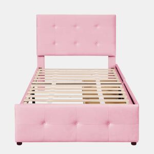 Cama estofada em veludo 90x200cm - Cama individual com 2 gavetas e estrado de molas - Rosa