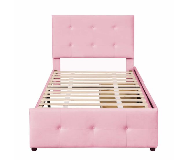 Cama tapizada de terciopelo 90x200cm - cama individual con 2 cajones y somier - rosa