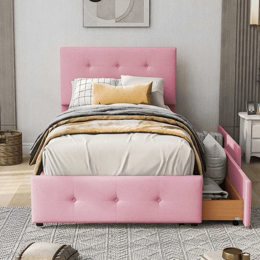 Cama estofada em veludo 90x200cm - Cama individual com 2 gavetas e estrado de molas - Rosa
