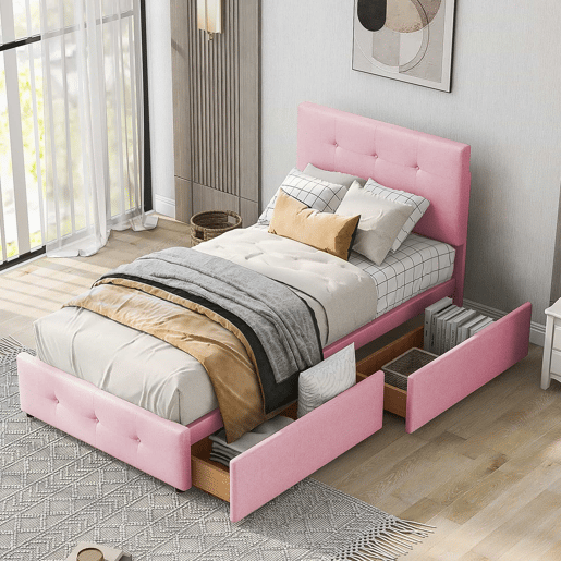Cama estofada em veludo 90x200cm - Cama individual com 2 gavetas e estrado de molas - Rosa