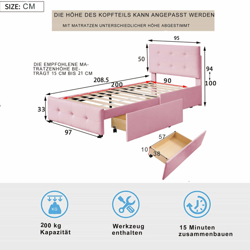 Cama estofada em veludo 90x200cm - Cama individual com 2 gavetas e estrado de molas - Rosa