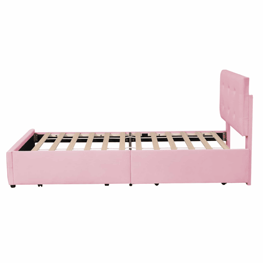 Cama estofada em veludo 90x200cm - Cama individual com 2 gavetas e estrado de molas - Rosa
