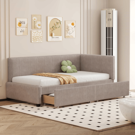Sofá-cama estofado 90x200cm em veludo - 2 gavetas - com estrado de molas - Cinzento