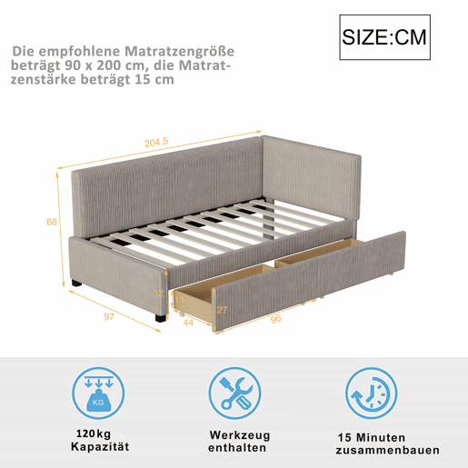 Sofá-cama estofado 90x200cm em veludo - 2 gavetas - com estrado de molas - Cinzento