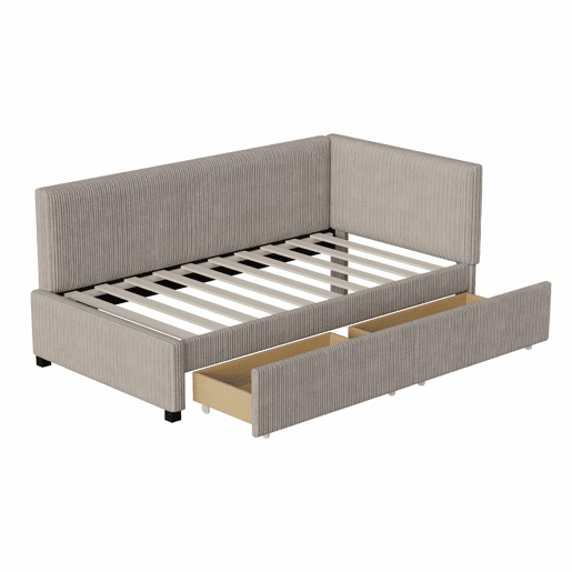 Sofá-cama estofado 90x200cm em veludo - 2 gavetas - com estrado de molas - Cinzento