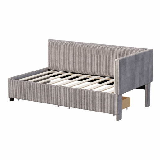 Sofá-cama estofado 90x200cm em veludo - 2 gavetas - com estrado de molas - Cinzento