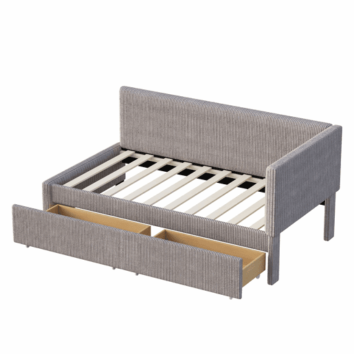 Sofá-cama estofado 90x200cm em veludo - 2 gavetas - com estrado de molas - Cinzento