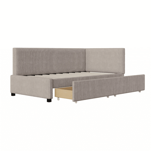 Sofá-cama estofado 90x200cm em veludo - 2 gavetas - com estrado de molas - Cinzento