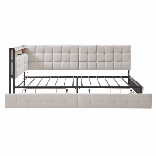Sofá-cama infantil 90x200 - 2 gavetas, luz LED noturna, portas USB e Tipo C - Bege