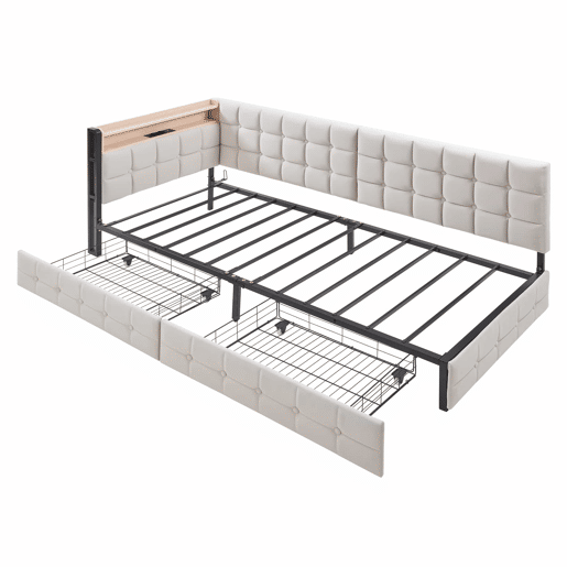 Sofá-cama infantil 90x200 - 2 gavetas, luz LED noturna, portas USB e Tipo C - Bege