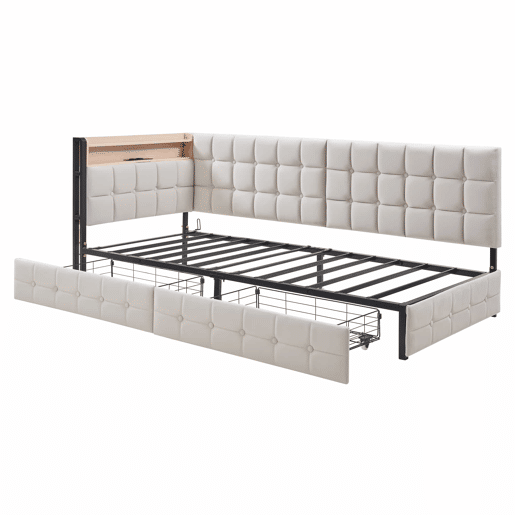 Sofá-cama infantil 90x200 - 2 gavetas, luz LED noturna, portas USB e Tipo C - Bege