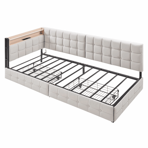 Sofá-cama infantil 90x200 - 2 gavetas, luz LED noturna, portas USB e Tipo C - Bege