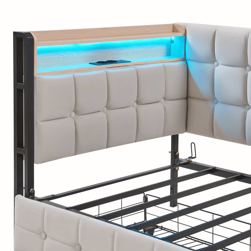 Sofá-cama infantil 90x200 - 2 gavetas, luz LED noturna, portas USB e Tipo C - Bege