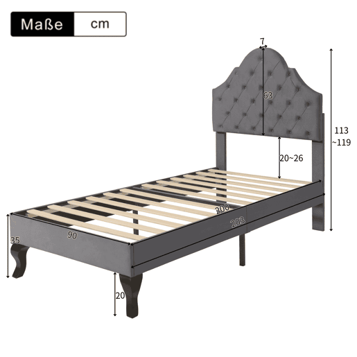 Cama estofada 90x200 cm - Com cabeceira ajustável, suporte de ripas de madeira, cinza