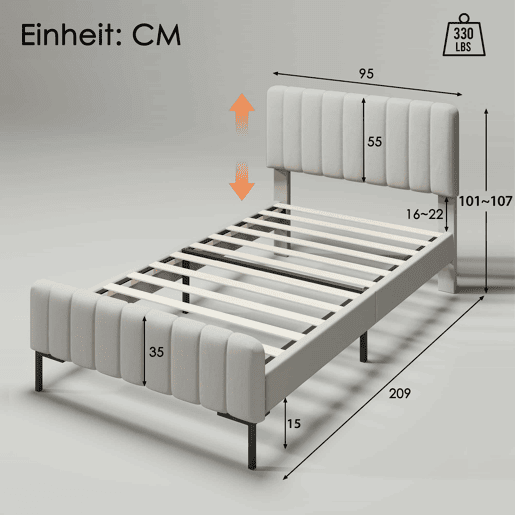 Cama individual estofada 90x200 - cabeceira ajustável, base incluída, juvenil, linho - Cinza-Bege